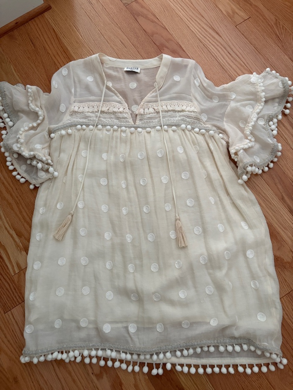 Harper size medium Elegant Cream Women's Top with Pom-Pom polka dot - Picture 3 of 3